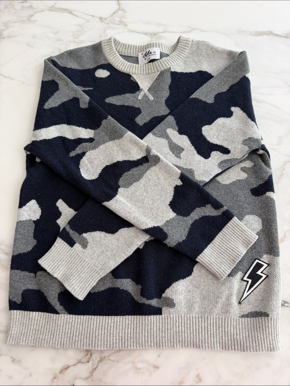 Lola + The Boys Navy and Gray Camo Crewneck Sweater with Lightning Bolt Patch